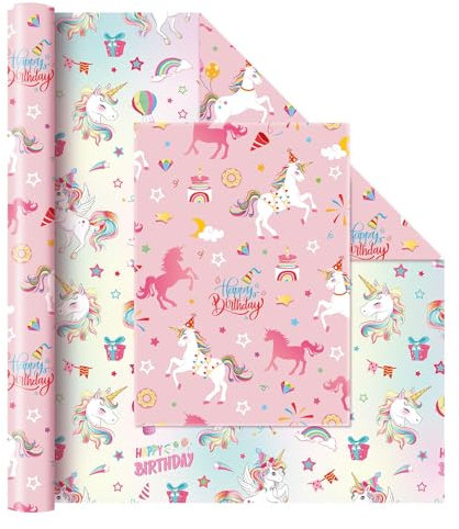 WERNNSAI Einhorn Geschenkpapier – 1 Rolle Einhorn Geburtstag Geschenkpapier Mädchen Kinder Regenbogen Pferd Geburtstagstorte Geschenk Rosa Doppelseitiges Muster Geburtstagsparty Dekoration 43cm x 10m