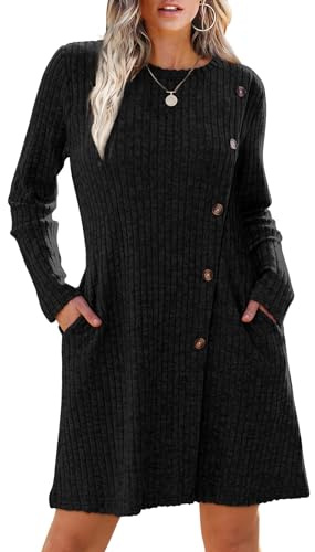 EIRUKON Vestido Punto Mujer Vestido Suéter de Manga Larga para Mujer Vestidos Túnica con Botones Laterales y Bolsillos de Otoño Invierno,Negro,XL