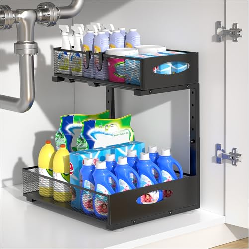 Housolution Rangement sous Évier en Métal, 2 Niveaux Étagère sous Évier Coulissant de Cuisine avec Hauteur Réglable, Organisateur sous Évier pour Placard de Cuisine, Noir