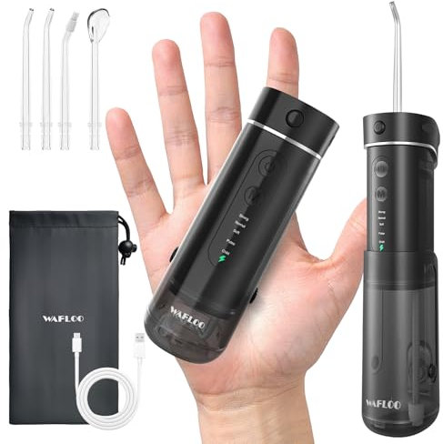 WAFLOO Munddusche Kabellos für Reise, Tragbarer Oral Irrigator mit Teleskop-Wassertank, 5 Reinigungsmodi, 4 Düsen, IPX7 Wasserdicht