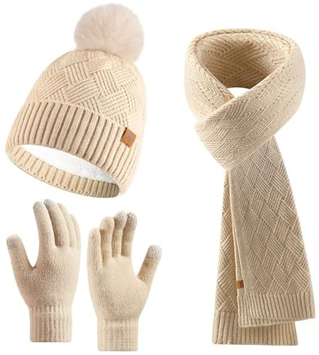 Enwokran Guanti Sciarpa Cappello Set Berretto Pom Beanie Lavorato a Maglia da Donna Guanto Touch Screen Sciarpa Lunga 3 in 1 Inverno Freddo Set Regalo per Donne Ragazze (Beige)