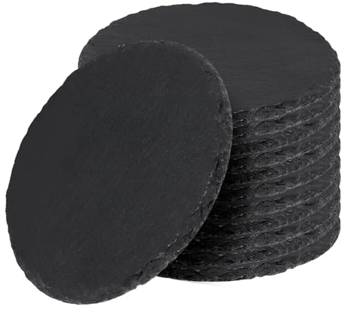 12 st 12 cm svart skiffer underlägg runt skiffer dryckesunderlägg | SYUTBOU Rund skifferplatta för koppar, drycker, bar, kök och heminredning