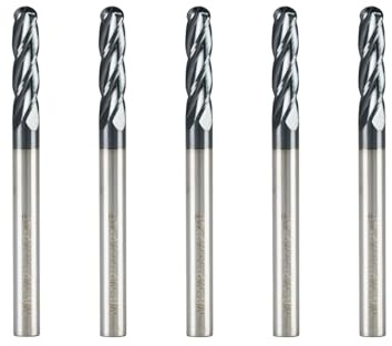 KBISHTIE 5PCS 1/8'' Ball Nose Carbide End Mill,4 Flute End Mill Bits, AlTiN - BlackNano Coating, CNC Cutting Tools for Stainless Steel, Aluminum, Hardened Steels, High Temp Alloys, 5, 1/8