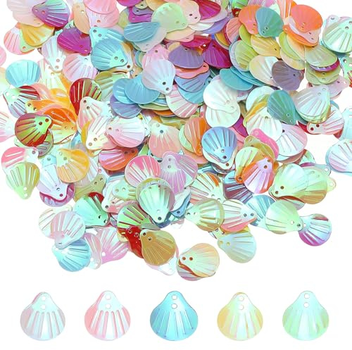 M METERXITY 1200-Pack Seashell Sequins, 100g Shell Shape Loose Sequins with 2 Holes for DIY Craft/Sewing/Applique/Earrings/Clothing, Sea Shell Flakes [AB Mix Colors]