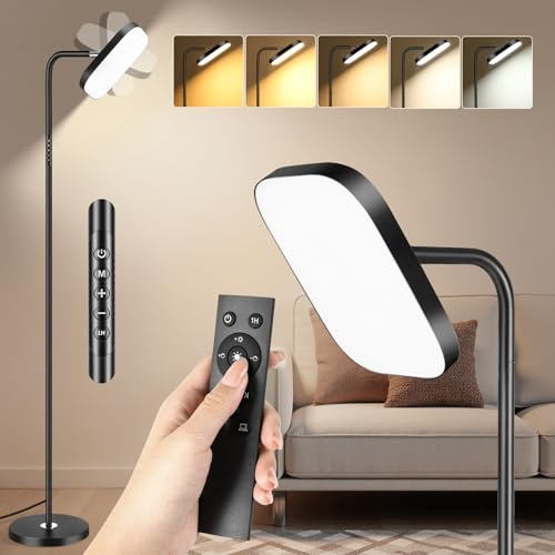 Lampada da Terra LED 36W 3200LM con Telecomando - 5 Tonalità di Colore Regolabile & Luminosità Dimmerabile - Piantana da Lettura Regolabile a 360° per Soggiorno, Camera da Letto, Ufficio - Nero