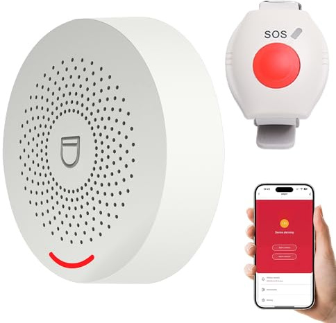XUK Boton Emergencia Ancianos WiFi Compatible con Tuya – Avisador Personas Mayores Inalámbrico e Impermeable con 1 Receptor y 1 Pulsera de Alarma, Volumen Ajustable (Kit de 2)