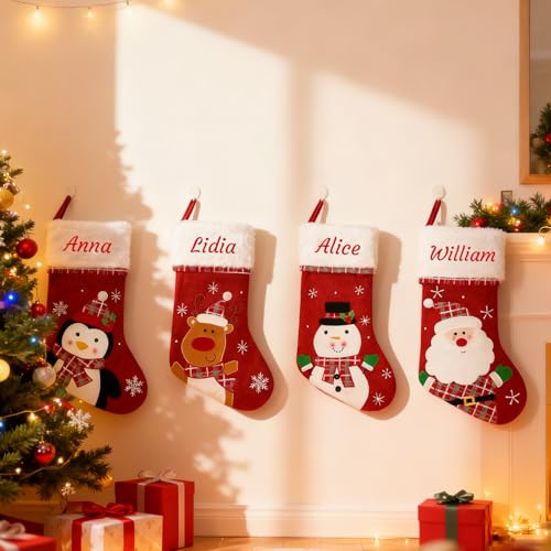 Personalized Christmas Stocking with Embroidered Name, Custom Red Stocking Christmas- Santa| Snowman| Penguin| Reindeer Christmas Stocking- 1 Pc Large Christmas Decor for Family 44cm/17inch