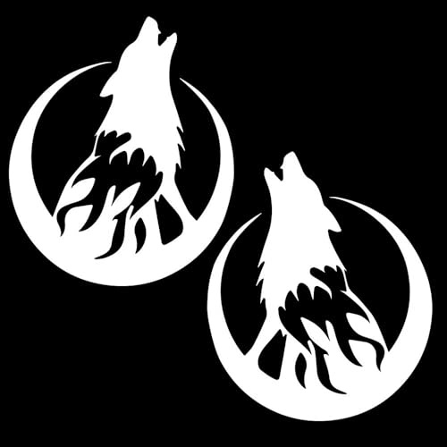 Pack de 2 pegatinas de vinilo de luna y lobo de 11 x 13 cm para coches, motos, ventanas, parachoques, diseño único de cielo | #AZ81 (blanco)