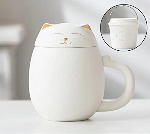 Bonita taza de té de gato con infusor y tapa, taza de té de cerámica con filtro para remojar té de hojas sueltas, tazas de té de porcelana con asa adecuada para el hogar y la oficina, ideal para los