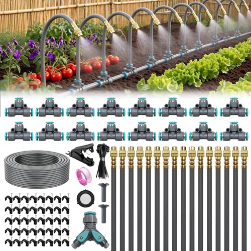 Drip Irrigation System 100FT 1/4, 360°Adjustable Garden Watering System with 16pcs Copper Nozzles, Drip Irrigation Kit for Outdoor Plants, Greenhouse Watering System