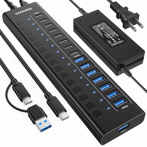 Drivs USB-hubb 3.2 Gen 2, VANGREE 16 portar USB-hubb (8 USB-A 3.2+8 USB-C 3.2), 10 Gbps aluminium multiport expansionshubb med 96 W strömadapter för PC bärbar dator HDD SSD USB-minne