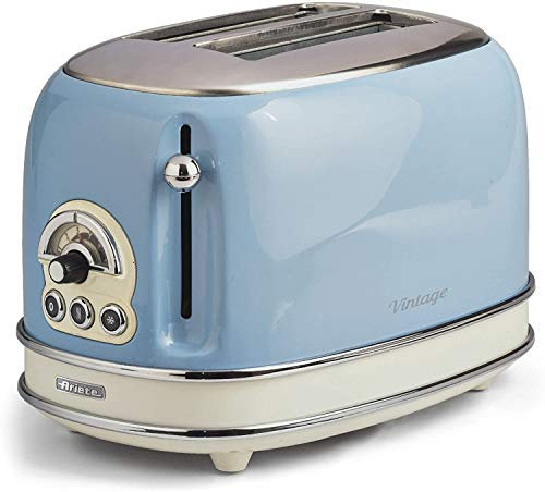 Ariete 0155/15 Retro Style 2 Slice Toaster, 6 Browning Levels and Removable Crumb Tray, 3 Functions Including Cancel, Defrost and Reheat, Non-Slip Feet, Vintage Design, Blue