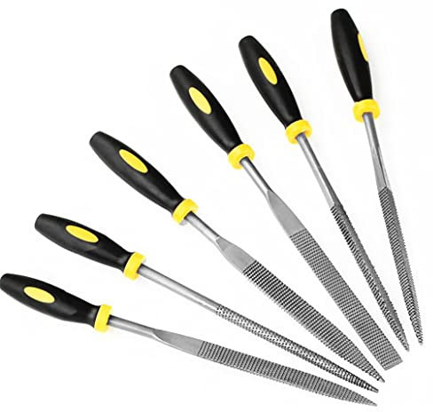 Happyupcity 6-teiliges Feilen-Set mit Metallgriff, Nadelfeilen, 4 x 160 mm, kleine Metallfeilen, inkl. Flachfeile, quadratisch, dreieckig, rund, halbrunde Feile für Metallarbeiten und Holzarbeiten