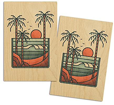 Palm Trees and Beach, Block Lines (4x6 Birch Wood Postcards, 2-Pack Stationary, Rustic Home Wall Decor)