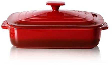 Lareina Large Ceramic Casserole Dish with Lid, 4.0 Quart Covered Rectangular Stoneware Baking Dishes for Oven, Deep 9x13 Inch Lasagna Pans for Baking and Serving, Perfect for Christmas gifts, Red