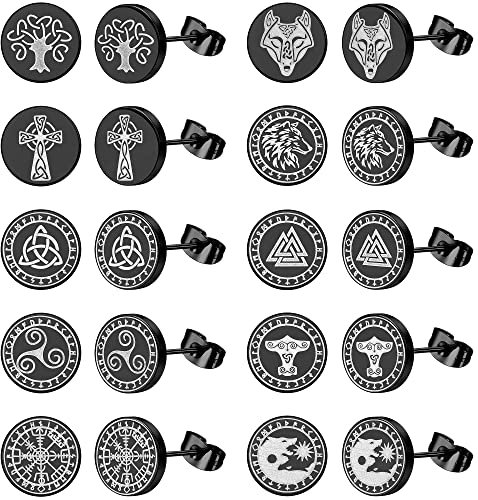 ADRAMATA 10 Paare Ohrringe Schwarz Edelstahl 10mm Vikings Ohrstecker Helix Piercings Fake Plug Ohrstecker Wikinger Ohrringe Set Männer Mädchen Damen