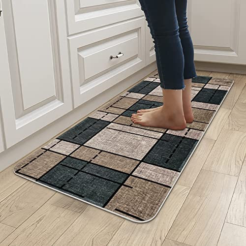 Yugarlibi Teppich Läufer Flur rutschfest Waschbar Modern Küchenläufer Dauerhaft Weich Schmutzabweisend Flurläufer für Wohnzimmer Schlafzimmer Innen Outdoor Korridor 80x200cm Hellbraun Kariert