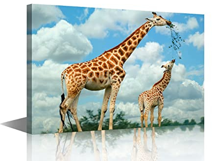 Canvas Wall Art Animals Painting for Interior Bathroom Wall Décor Giraffe Mother and Child for Living Room Dining Room Decorations Framed Ready to Hang 16x24inch (40x60cm)