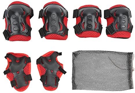 HERCHR Skateboard Pads Protective, 6PCS 6-18 Years Old Knee Protective Gear Kit Adjustable Knee Elbow Palm Guards Wrist Guards Youth Safety Protection Pad for Young Man Skateboard(red)