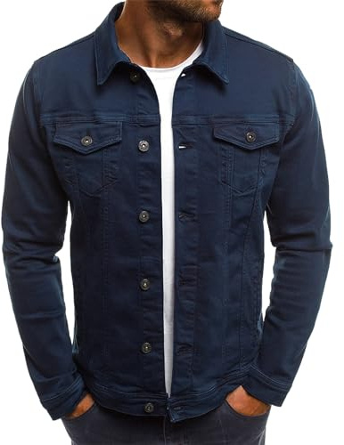 amropi Veste en Jean pour Hommes Blouson en Denim Jacket avec Boutons et Poches Marine, L