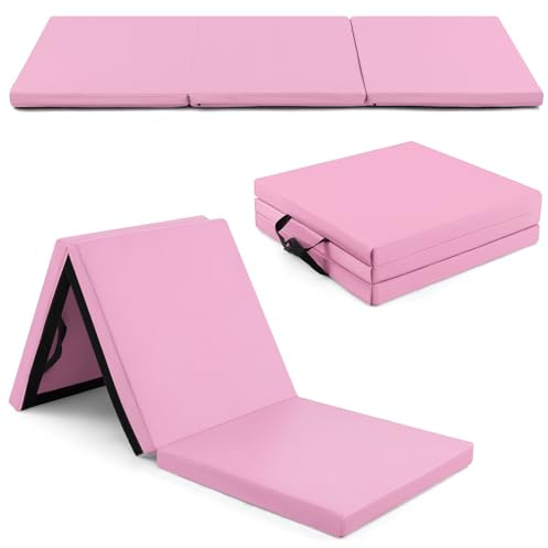 GYMAX Tapis de Gymnastique Épais Pliable 180x60x5cm, Combinaisonable avec Attache Auto-Agrippante, Housse en Simili Cuir, Portable avec Poignées de Transport, pour Yoga, Fitness, Étirement(Rose)
