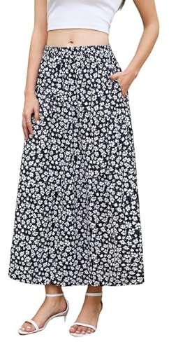 Zeagoo Maxi Jupes Femme Elastique Taille Haute Jupe d'été Longue Elégante Flowy Rock avec Poches Blanc Fleurs L