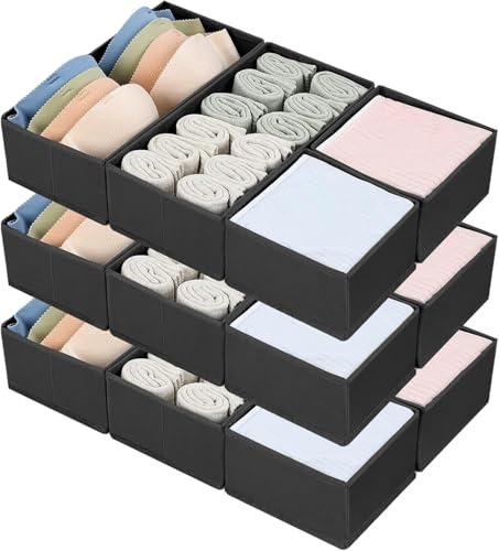 DIMJ 12 Pack Wardrobe Storage Organiser - Underwear Drawer Organiser, Black | for Baby Nursery Drawers to Sort Socks, Bibs And Small Clothing Items By Size, for Closet, Wardrobe, Bedroom, Makeup Room