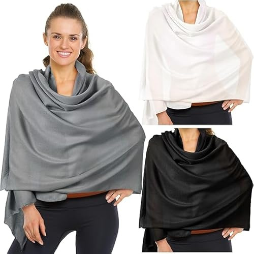 Werwing 3-pack solsjal för kvinnor – lätt strand- och resesjal, mångsidig aftonklänning elegant halsduk, oumbärlig för sommarsemestrar (vit + svart + grå, 178 x 68 cm), Svart + vit + grå, L