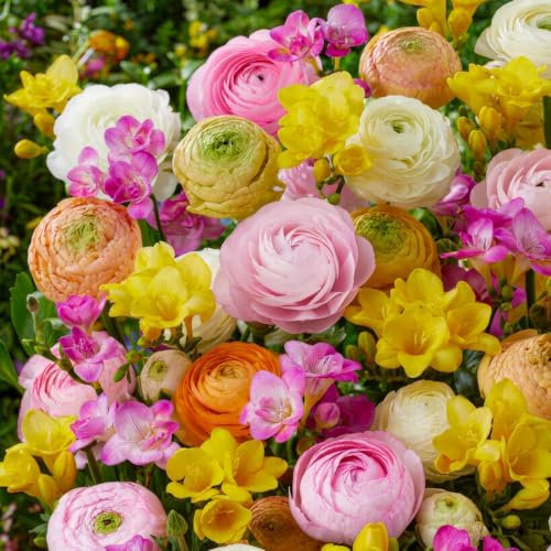 Colección de Ranúnculos y Freesia (50 bulbos) mezcla de bulbos de flores perennes - plantas grandes y resistentes de Holanda - plantas reales para jardín, macetas (sin semillas, no artificiales)