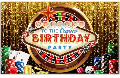Luminora 1,8 x 1,1 m Casino Joyeux Anniversaire Toile de Fond Poker Dés Jetons Or Paillettes Roulette Roue Arrière-Plan Bienvenue Décorations de Fête d'anniversaire Bannière Accessoires Photo
