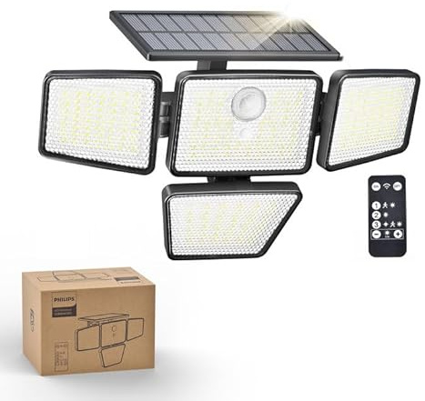 Philips lampe Solaire de Sécurité Extérieur, 196 LED avec Détecteur de Mouvement PIR, 3 Modes, 4 Têtes Orientables, Projecteur à Énergie Solaire avec Télécommande, IP65 Étanche – Lot de 1