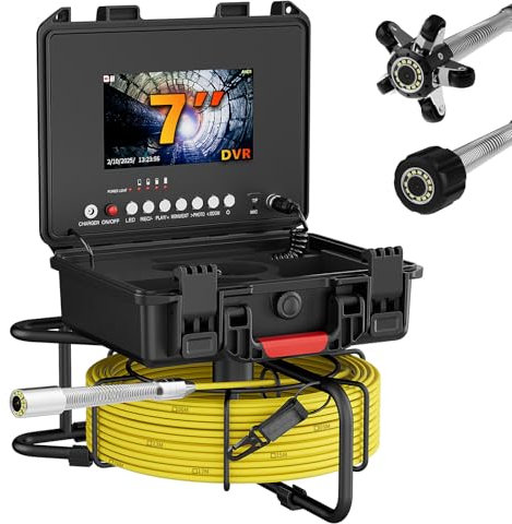 Telecamera Di Ispezione Tubi DVR,7 Videocamera Per Ispezione Tubi,Industrial Drenare Endoscopio Rilevatore Di Tubi Con 12 Luci LED Regolabili,per Conduttura Ispezio(Size:20 M/65 FT,Color:cavo giallo)