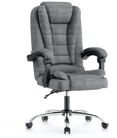 naspaluro Fauteuil de Bureau, Chaise de Bureau avec Large Assise rembourrée, Chaise Ergonomique Inclinable Hauteur Réglable, Roulette Silencieuse, Coton et Lin, Gris Foncé