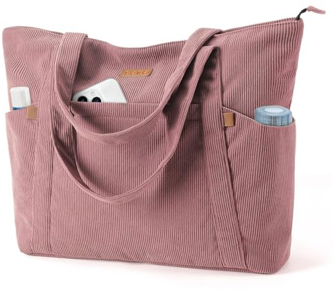 Lekesping Sac Cabas Femme Ordinateur 15,6 Pouces, Sac Fourre Tout Velours Cotelé Femme, Grand Sacs a Main Femmes XXL, Sacs de Plage avec Fermeture Éclair pour Shopping Travail L'école Sport, Rose S