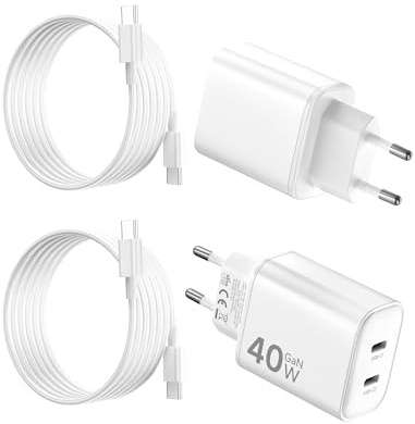 2Pack Cargador 40W para iPhone 17Pro, 2 Puertos USB C Cargador Rápido con USB C Cable de 2M para iPhone 17Pro Max/17 Pro/17/16/15 Plus, para iPad Pro/Mini/Air
