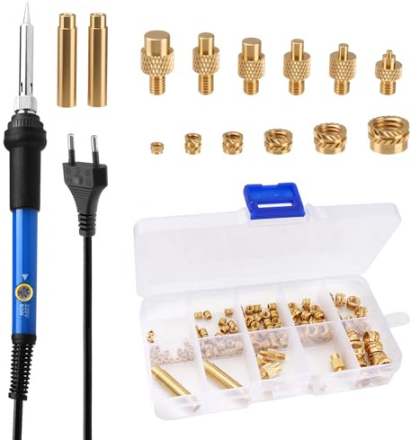 Juego de soldadores de 60 W con control de temperatura, 130 piezas, insertos de rosca M2 – M8 de latón, 6 puntas de soldadura y 2 adaptadores, herramienta de reparación para impresión 3D, madera y