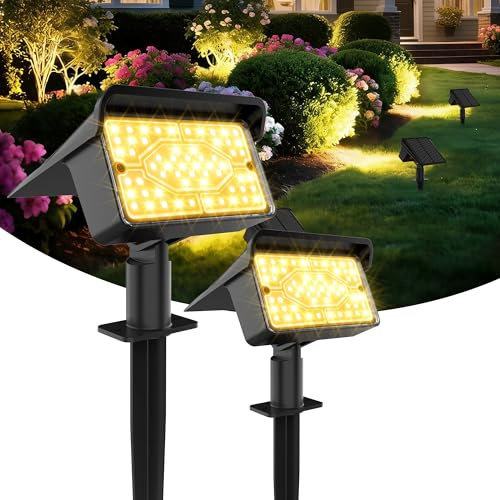 Ollny Solar Powered Uplighter Spotlight Garden 2Pack Stake Light Warm White | 1500mAh Battery/Low Voltage/IP65 Waterproof/Timer/3 Brightness/120° Adjustable Angle/Dusk to Down Solar Spotlights 2 Pack