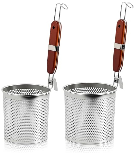 Gykutix 2 Piezas Escurridor Pasta Cestas de Colador de Acero Inoxidable, 14cm + 12cm Colador Pasta con Asa para Fideos, Verduras, Albóndigas y Otros Alimentos