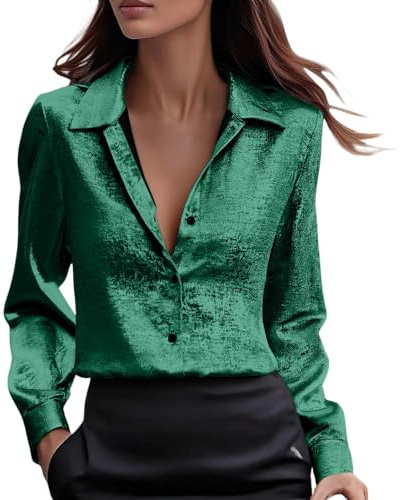 Blusas de satén de seda para mujer, camisas de manga larga metálicas brillantes con botones, blusas casuales para negocios, oficina, trabajo, Blusas de satén verde para mujer, S