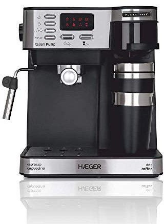 HAEGER Multi Coffee - Cafetera Espresso con 1450w, Capacidad: 1,2L - Pantalla de LED, Boquilla de Espuma y Bandeja de Goteo Desmontable, Cesta del Filtro extraíble y Lavable.