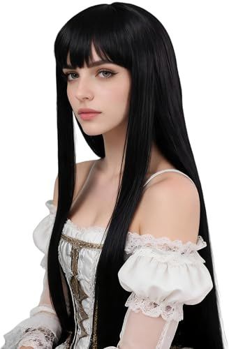 LeMarnia Perruques longues et raides, noires pour filles, pour Halloween, fête costumée