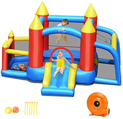 DREAMADE Château Gonflable pour Enfants, Aire de Jeux avec Toboggans Gonflable, Piscine à Balles, Trampoline, But de Football, Parc Gonflable pour Enfants de 3 à 10 Ans, Gonfleur Inclus