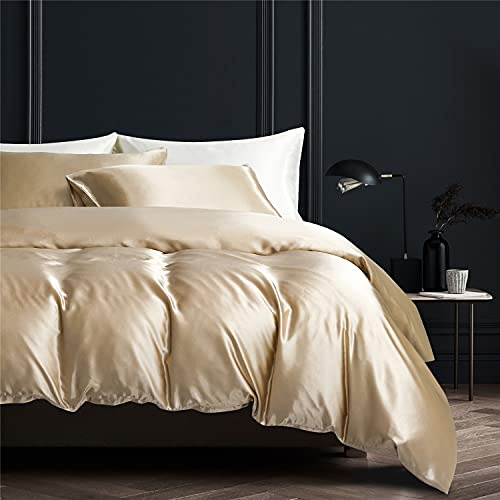 Gezu,Juego de funda de edredón de 220x240 cm, satén de oro y beige liso, juego de cama para 2 personas, seda lisa, suave, ropa de cama satinada con 2 fundas de almohada de 65x65 cm con cremallera