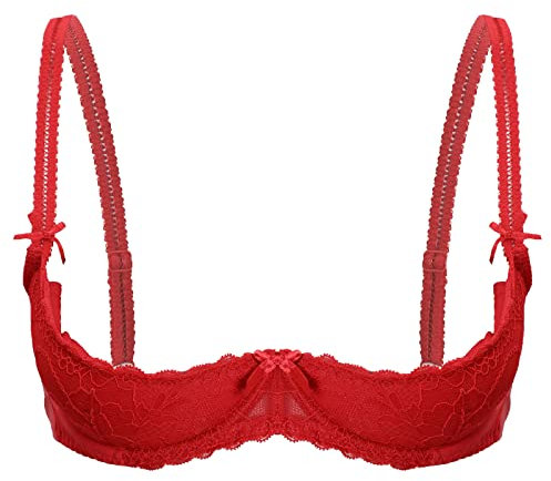 Aislor Reggiseno Erotico Donne Sexy Hot Bra Brasiliana Senza Imbottito Balconcino Reggiseni Aperti con Ferretto Donne Lingerie Push Up Bikini Donna Top con Spalline Rosso L
