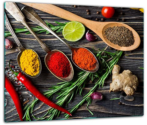 TMK | Tabla de cortar de cristal, 60 x 52 cm, una sola pieza, de cristal, protección contra salpicaduras, decoración para cocina, multicolor, especias