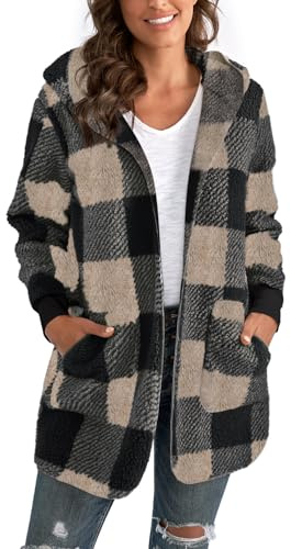 Yanekop Womens Fuzzy Fleece Jacket Oversized Cozy Lounge Sweater Cardigan Long Plus Size Cardigan Winter Coats Outerwear(C Khaki Black,XL)