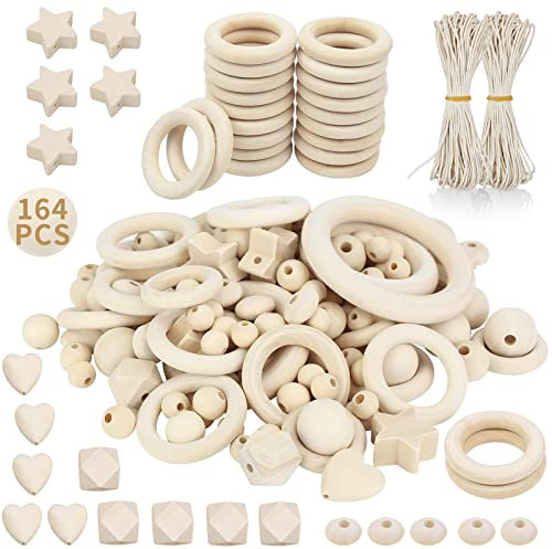 RUBY 164 Stück Holzperlen Makramee Set, DIY Holzringe zum Basteln, Holzkugeln mit Loch Kit Enthält 138 Holzperlen Natur, 24Holzringe Makramee Zubehör