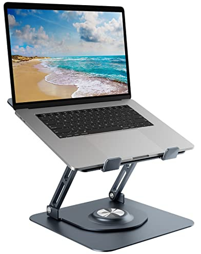 Swivel Laptop Stand for Desk, Adjustable Height Aluminum Computer Stand with 360 Rotating Base, Foldable Ergonomic Riser, Portable Laptop Holder Compatible with MacBook, All Laptops 10-17'',Grey