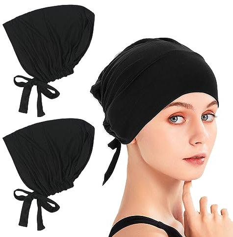 SKHAOVS 2 Stück Schwarz Atmungsaktive Kopftuch Verstellbarer Hijab Cap Einfarbiger Turban Undercap Schlafmütze für Damen