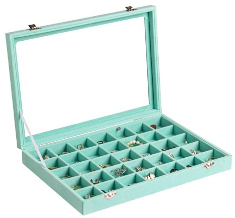 Frebeauty Plateau de rangement pour bijoux en velours, organisateur de bijoux à 35 cases avec couvercle transparent, boîtier organisateur pour boucles d'oreilles avec fermoir, insert de tiroir pour